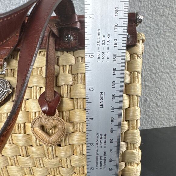 Brighton Woven Jute Leather Handbag Top Open Snap Close Paisley Interior Retired - Picture 6 of 11
